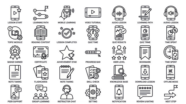 Black line icons for elearning, online education, and mobile learning