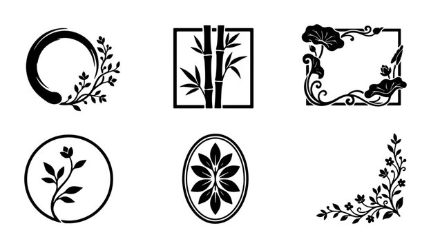Japanese Crests & Ornate Borders: 6 Vector Icons for Elegant Branding & Design, Zen Circle, Bamboo, Floral Motifs