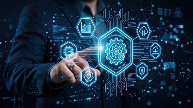 Innovative technology development futuristic digital interface demonstration corporate environment visual content close-up viewpoint concept of automation and data analysis