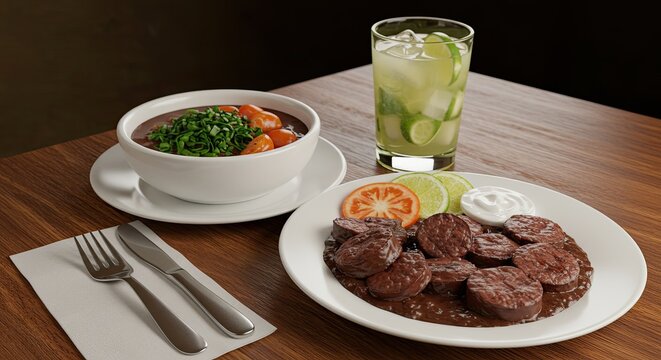 A delicious meal consisting of sliced meat, soup, and a refreshing drink on a wooden table