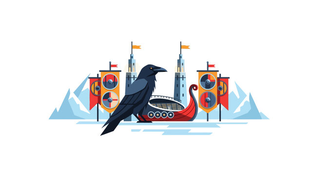 Black Raven Standing on Viking Longship.