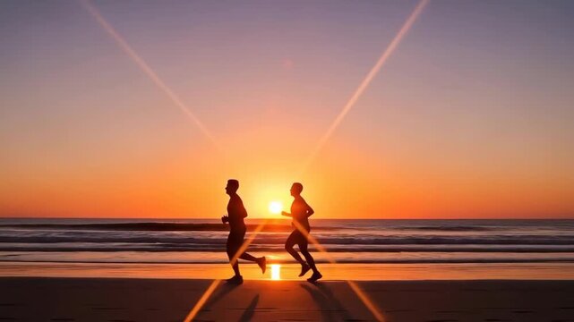 Two athletic people running along the sandy beach during a beautiful sunset