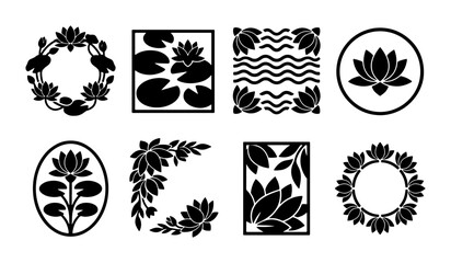 Obraz premium Lotus Flower Vector Icons, Floral Decorative Elements, Nature Graphics, Zen Symbols, Black and White Botanical Designs