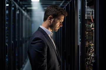 Fototapeta premium IT professional inspecting server rack in data center, network infrastructure, cloud computing, cybersecurity operations, enterprise technology, system administration, digital transformation, server m