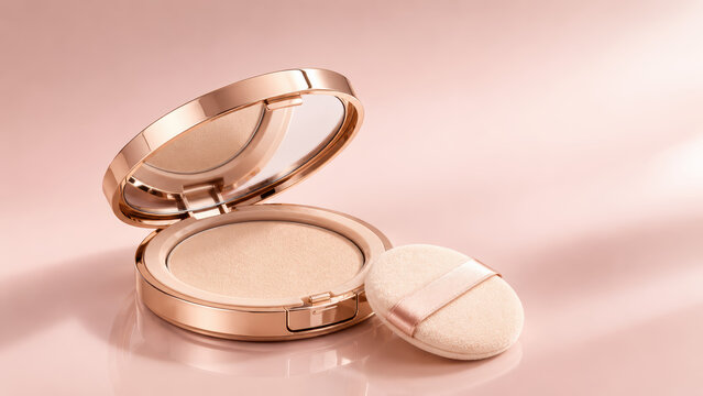 open powder compact with puff on glossy pink makeup background