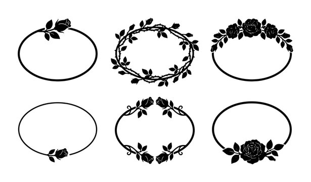 Elegant Oval Floral Frames, Rose Wreath Borders, Decorative Vector Elements for Invitations, Scrapbooking, and Vintage Design Projects