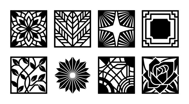 Geometric Floral and Art Deco Patterns, Vector Icons Set, Decorative Ornate Square Designs for Laser Cutting and Stencils, Black and White Ornaments