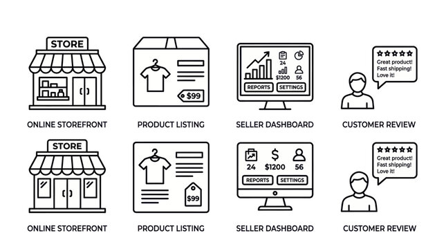 Ecommerce website icons set including storefront, product listing, seller dashboard, and customer review