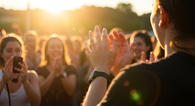 A woman claps enthusiastically before a crowd of people outdoors at sunset.