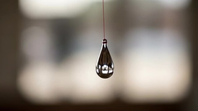 A single metallic teardrop shape suspended by a thin red thread in focus
