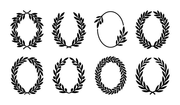Laurel Wreath Vector Icons, Decorative Leaf Frames, Vintage Award Emblems, Elegant Botanical Borders, Set of 8 Black and White Graphic Elements