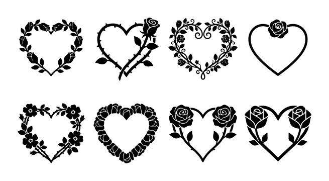 Elegant Heart Frames Vector Set, Floral Rose Borders, Romantic Decorative Elements, Vintage Love Embellishments, Black and White Graphic Resources