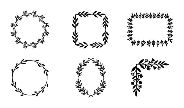 Botanical Wreath and Frame Vector Set, Organic Leafy Borders, Hand-Drawn Floral Elements for Invitations and Design