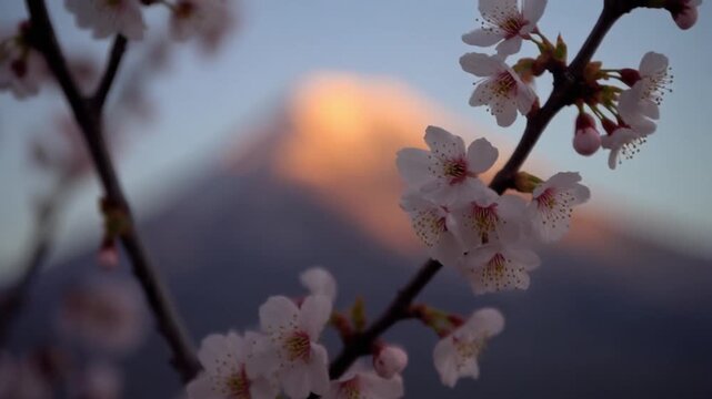 Scenic panorama cherry blossom and mountain peak at golden hour