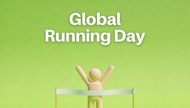 Global Running Day banner with 3D minimalist figure crossing finish line. Achievement and fitness concept on green background. Successful runner with arms raised in victory