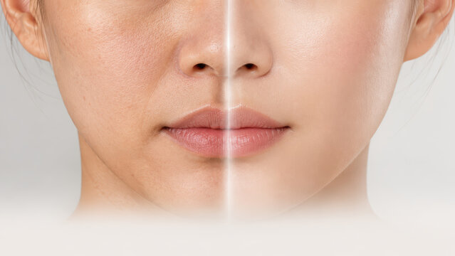 woman face split view showing textured and smooth skin comparison