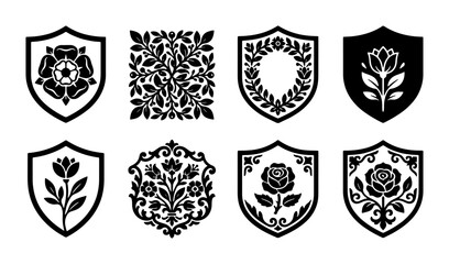 Obraz premium Heraldic Crests and Floral Emblems Vector Set, Vintage Shield Badges with Rose and Botanical Motifs, Elegant Black and White Decorative Icons for Branding and Design