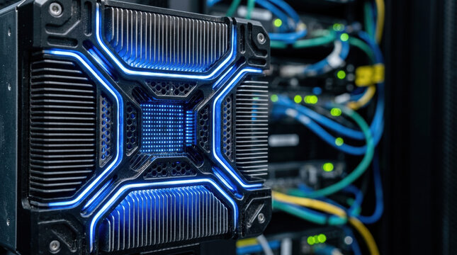 High tech server cooling unit with blue LED accents and network cables glowing