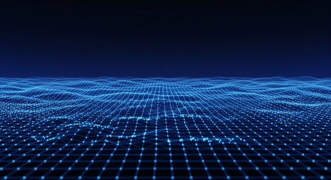 Blue Digital Grid Wave Landscape 3D Render Futuristic Neon Network Connection Data Visualization Background for Cyber Security and Artificial Intelligence Concepts