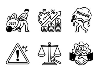 Fototapeta premium Financial debt and business law icons set featuring black outline symbols on a clean white background
