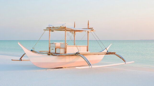  outrigger. Single wooden outrigger float on white sand beach, website hero banners, landing pages, designed for tooling and professional workshop organization, used by curriculum designers.