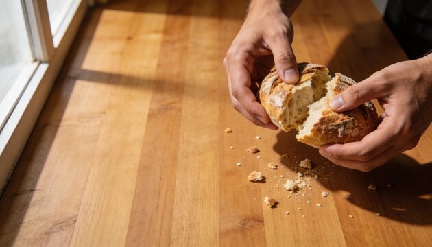 Male hands breaking a fresh loaf of crusty bread on a wooden table. Rustic artisan sourdough with crumbs in natural sunlight. Corpus Christi and holy communion concept.