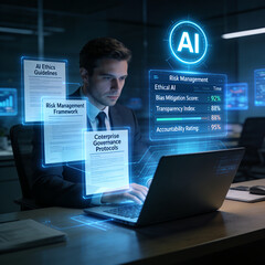 Fototapeta premium Businessman analyzing AI ethics guidelines and corporate compliance risk management framework on laptop in office