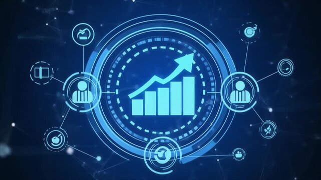 Digital blue interface with central upward arrow and bar chart icon surrounded by connected circular symbols, representing growth, analytics, innovation, and technological progress.