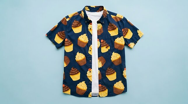 Stylish dark blue short-sleeved button-up shirt featuring a fun and colorful cupcake pattern, perfect for summer casual wear