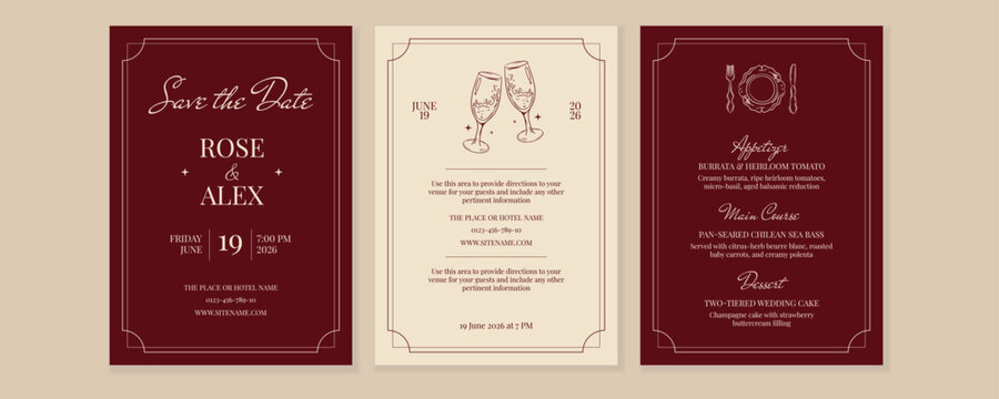 Elegant wedding invitation and menu card on red backgrounds. Perfect for vintage, classic wedding themes. 