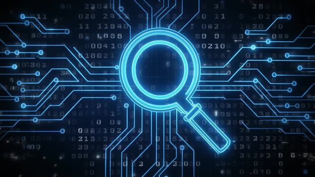 Blue glowing magnifying glass icon centered on digital circuit background, symbolizing data search, analysis, cybersecurity, and technological exploration in futuristic design.