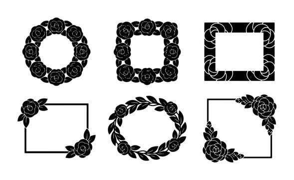 Black Rose Vector Frames Collection, Decorative Floral Borders Set, Elegant Flower Embellishments for Invitations and Design