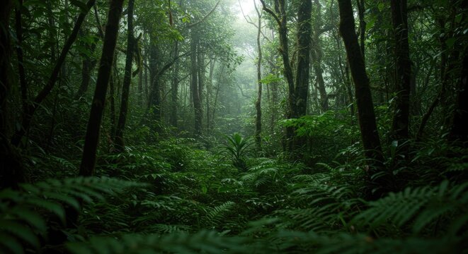 Dense forest scene with tall trees and ferns in misty environment viewed from ground level