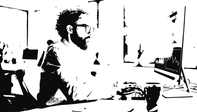 Man working on computer in modern office, digital art style