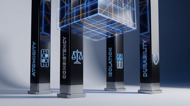 Conceptual 3D architectural render representing ACID properties of database transactions with glowing data lines and text on pillars
