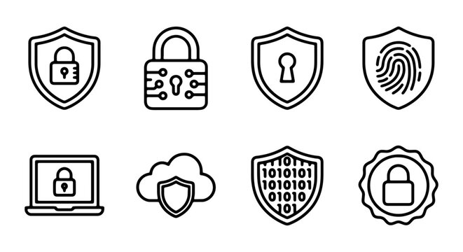 Cyber Security Icons: Padlock, Shield, Fingerprint, Cloud, Laptop, Binary Code