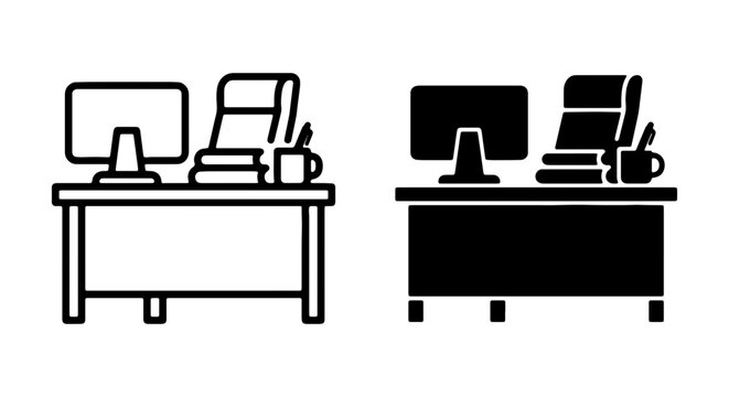 Office Desk Icons: Computer, Chair, Books, Mug, Pen Set. Workspace Setup, Business Furniture