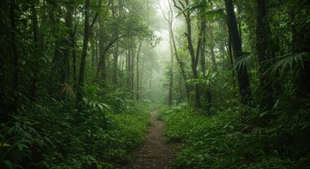 Fototapeta premium A serene forest scene with a winding dirt path through dense foliage and tall trees under a misty atmosphere.