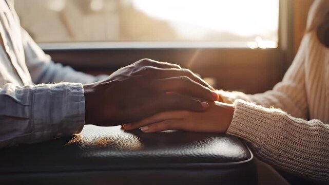 Hands entwined on train armrest at sunset, traveling couple share quiet moment of connection and comfort, warm sunlight through window highlights fingertips and textured sweater, close
