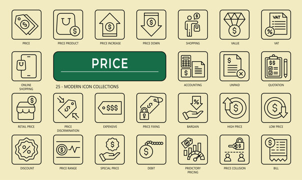 Price icon set. Containing product, price tag, cost, quotation, invoice, estimate, discount and more. vector illustration 