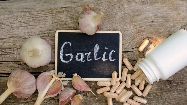 Garlic in supplements on the table. Selective focus.