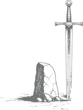 A detailed black and white line of a legendary medieval sword standing next to a large stone