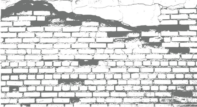A high-contrast black and white of a weathered, crumbling brick wall with plaster damage