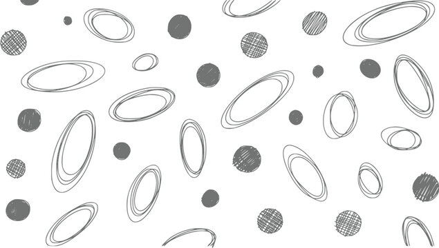 Abstract hand-drawn pattern featuring grey scribbled circles and ellipses on a clean white background surface