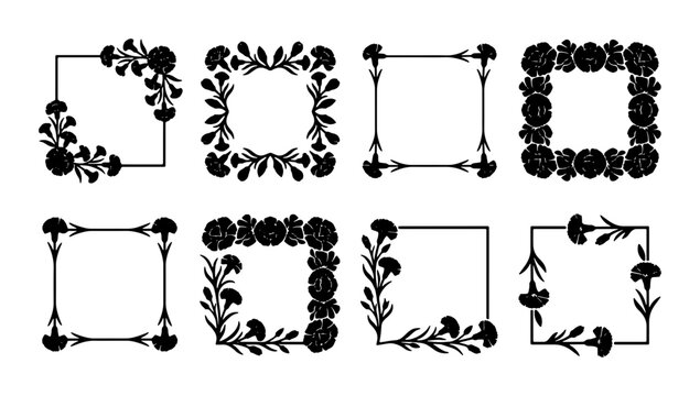 Elegant Floral Vector Frames, Decorative Black Flower Borders, Ornate Square Vignettes, Set of 8 Botanical Design Elements