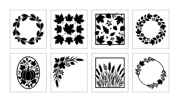Autumn Leaf Vector Elements, Fall Harvest Icons, Seasonal Decorative Ornaments, Thanksgiving Graphics Collection, Black Silhouette Designs