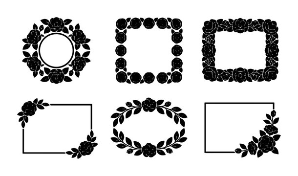 Black Rose Floral Frames Collection, Decorative Vector Borders, Elegant Vintage Ornamental Elements for Invitations, Cards, and Design Projects