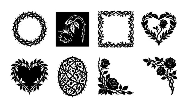 Gothic Rose Vector Ornaments, Black Floral Frames & Wreaths, Mourning & Memorial Design Elements, Elegant Victorian Flourishes