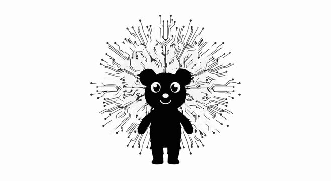 Cute cartoon bear with radiating technological circuit pattern behind it