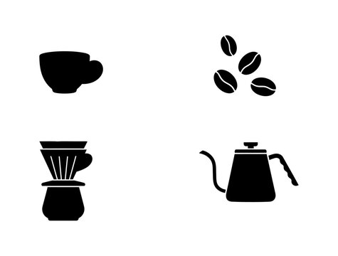 Collection of coffee brewing and drinking icons, featuring a mug, beans, pour-over filter, and kettle